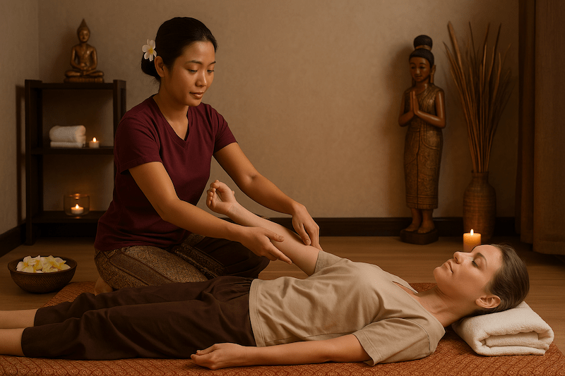En bild på en kvinna som utför thaimassage på en klients armveck.